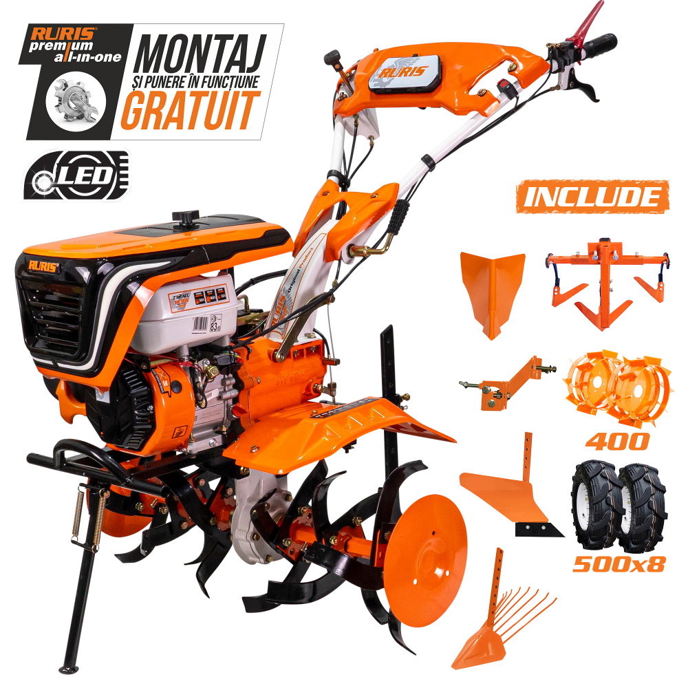Motosapatoare RURIS 732ACC 8.5 CP+ roti cauciuc 5.00-8+rarita+plug+adaptor+dispozitiv scos cartofi+roti metalice 400 fara manicot+cultivator [1]