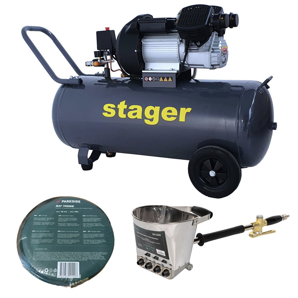 Pachet compresor Stager HM3100V, 100L, 8 bar cu masina de tencuit pereti si furtun 10 m [1]