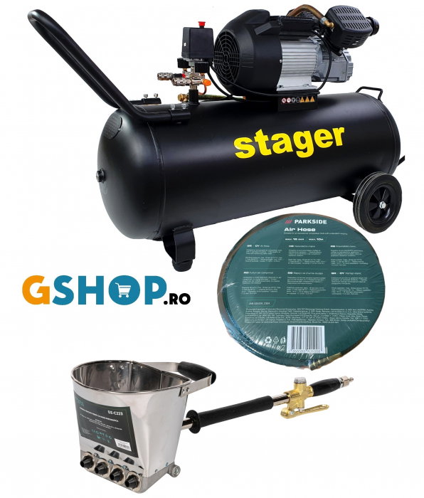 Pachet compresor Stager HM3100V 3CP, 100L,10 bar cu masina de tencuit pereti Detoolz DZ-C223si furtun 10 m [1]