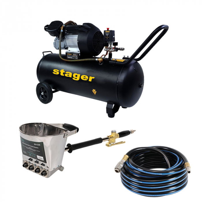 Pachet compresor Stager HM3100V 3CP, 100L,10 bar cu masina de tencuit pereti Detoolz si furtun Michelin 20 m [2]