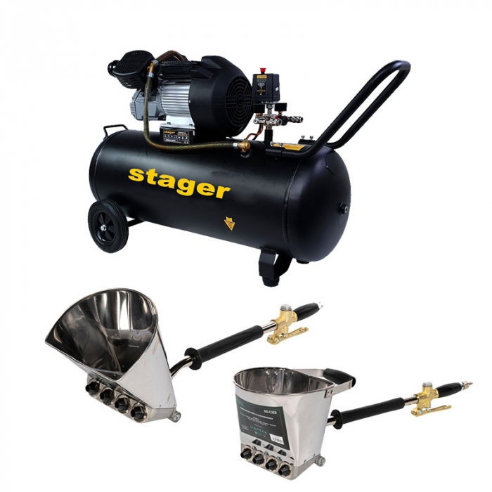 Pachet Compresor Stager HM3100V, 100L, 10bar, 356L/min, monofazat cu masina de tencuit pereti si masina de tencuit tavan Detoolz cu duze si cuple rapide [1]