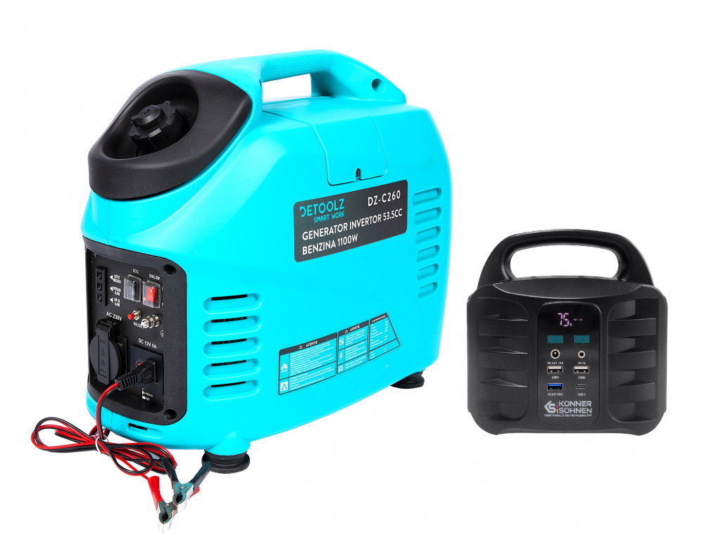 Pachet Generator digital Detoolz DZ-C260 invertor,  benzina 1.1 kW + statie portabila de incarcare Konner & Sohnen KS 100PS pentru camping, rulote si autorulote [1]