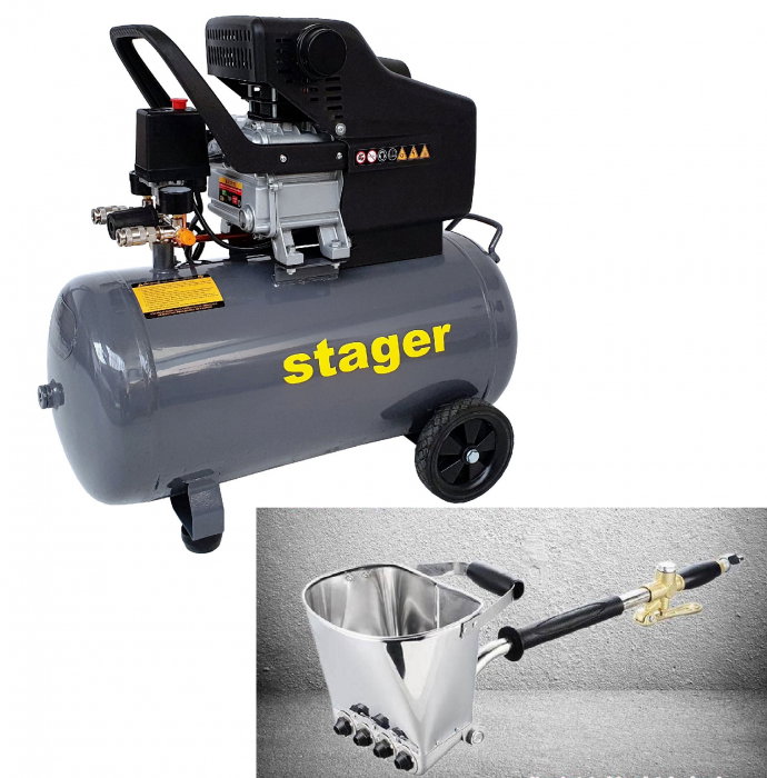 Pachet hobby pentru tencuit include Compresor Stager HM2050B 50L si Masina tencuit pereti Detoolz pneumatica, cupla rapida si duze incluse [1]