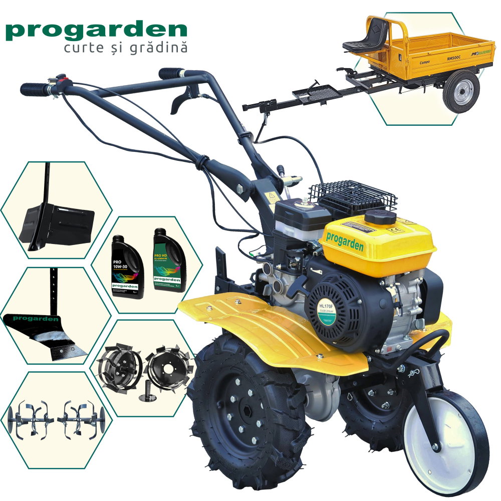 ProGARDEN Pachet Campo 703 Motocultor 7CP + Remorca RM500C + Plug simplu + Plug bilonat/rarita + 2 Roti metalice 350x6 + 2L Ulei [1]