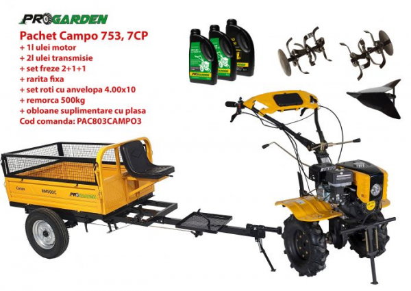 Pachet motocultor Campo 803, benzina, 7CP, 2+1 trepte, 2+1+1 freze, plug bilonat, remorca 500kg, ulei motor si transmisie incluse [1]