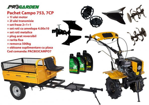 Pachet motocultor Campo 803, benzina, 7CP, 2+1 trepte, 2+1+1 freze, plug bilonat, remorca 500kg, accesorii, ulei motor si transmisie incluse [1]