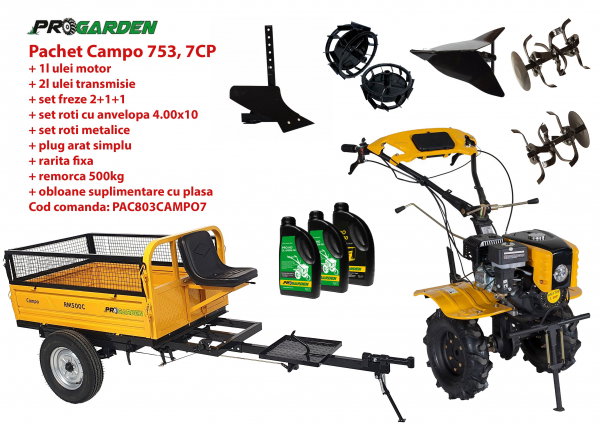 Pachet motocultor Campo 803, benzina, 7CP, 2+1 trepte, 2+1+1 freze, plug bilonat, remorca 500kg, accesorii, ulei motor si transmisie incluse [1]