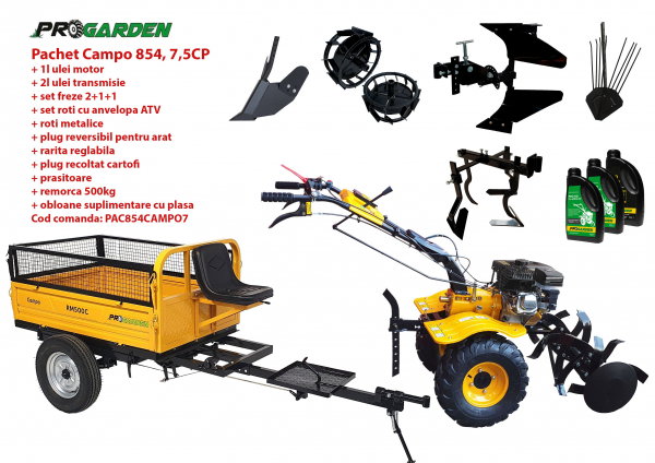 Pachet motocultor Campo 854, benzina, 7.5CP, 2+1 trepte, roti atv, manicot rulment, remorca 500kg, accesorii, ulei motor si transmisie incluse [1]