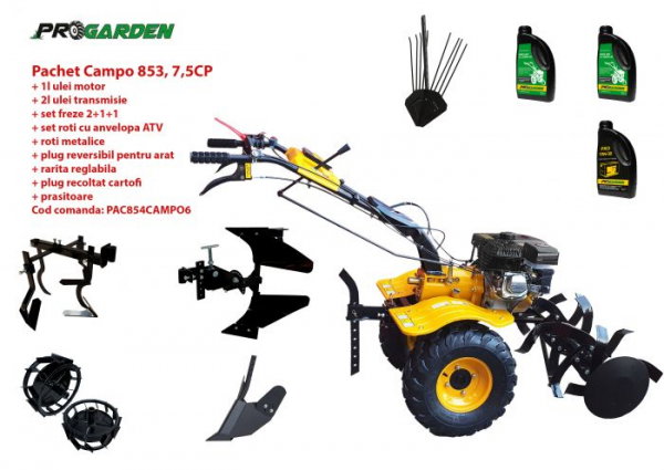 Pachet motocultor Campo 854, benzina, 7.5CP, 2+1 trepte, roti atv, manicot rulment, accesorii, ulei motor si transmisie incluse [1]