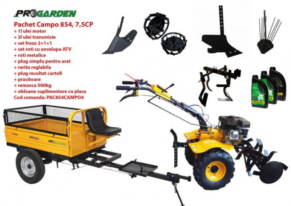 Pachet motocultor Campo 854, benzina, 7.5CP, 2+1 trepte, roti atv, manicot rulment, remorca 500kg, accesorii, ulei motor si transmisie incluse [1]