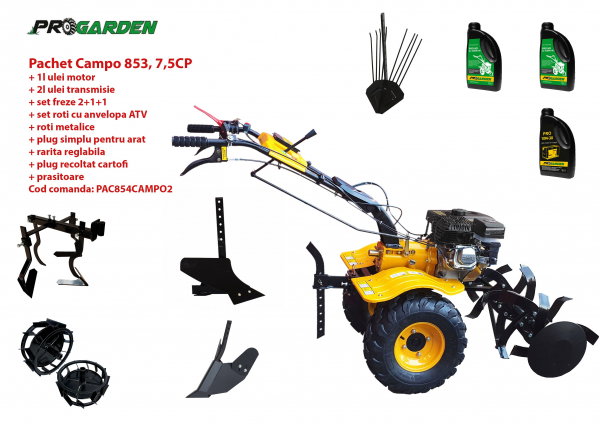 Pachet motocultor Campo 854, benzina, 7.5CP, 2+1 trepte, roti atv, manicot rulment, accesorii, ulei motor si transmisie incluse [1]