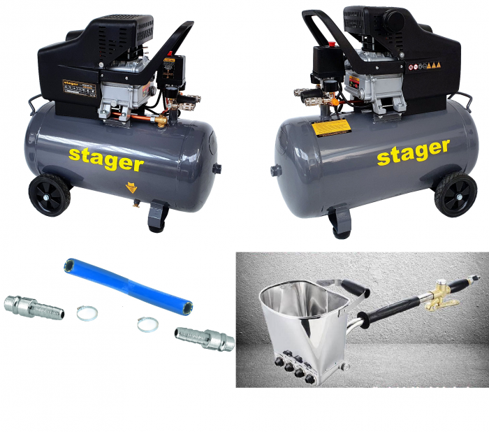 Pachet profesional pentru tencuit include doua Compresoare Stager HM2050B 50L si Masina tencuit pereti Detoolz pneumatica, cupla rapida si duze incluse [1]