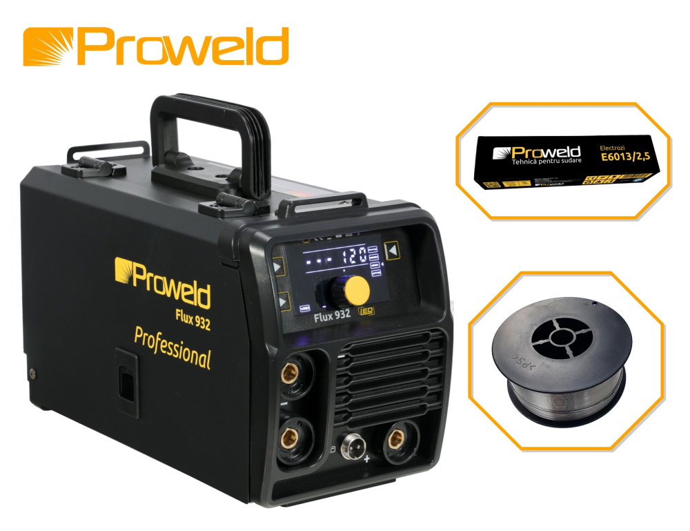 Pachet ProWELD Flux 932 Invertor sudare Flux, MMA + E71T-GS sarma sudura flux 0.8mm, rola 1kg/D100 + E6013 electrozi rutilici 2.5mm, 1kg [1]