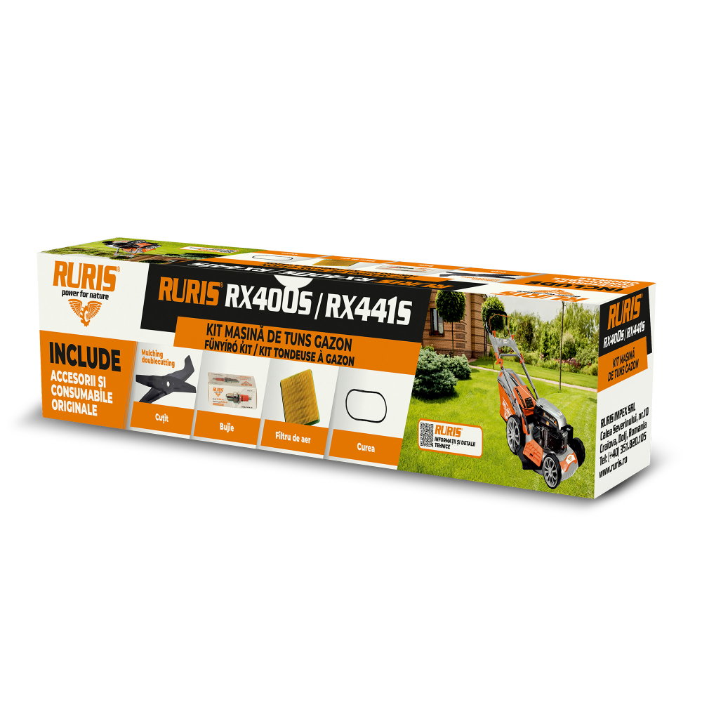 Kit mașină de tuns gazon RURIS RX400S / RX441S (cutit mulching doublecutting, curea, filtru aer, bujie, kit surub) [1]