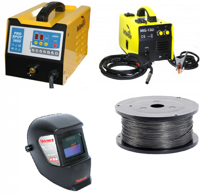 Pachet tinichigerie auto format din aparat pentru tinichigerie PRO SPOT 3800 230V si aparat sudura MIG-MAG MIG130i cu sarma flux 1 kg + Masca de sudura cu cristale lichide [1]
