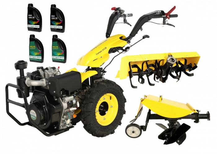 ProGARDEN Campo U12E motocultor multifunctional 12CP, diesel, pornire electrica, 3+2 viteze, reductor cu freza tractata 90 cm si plug rotativ BT-R30 + CADOU ulei motor si transmisie [1]