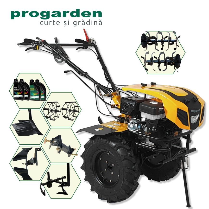ProGARDEN Pachet Campo 1844 Motocultor 18CP + Plug bilonat + Plug reversibil + Prasitoare + Adaptor + 2 roti metalice 540x170 + 4L Ulei [1]