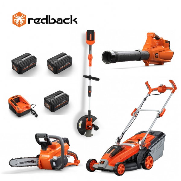 Set Redback masina de tuns gazon E137C + trimer E312D + motoferastrau 14" E214C + suflanta E435C + 3 ac EP20 + inc. EC50 5A [1]