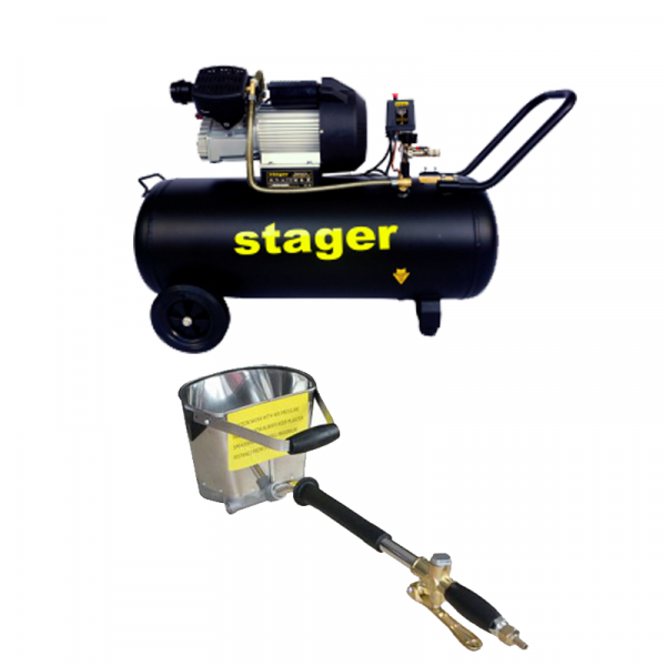 Stager HM3100V-10 compresor aer, 100L, 10bar, 356L/min, monofazat cu masina de tencuit pneumatica Detoolz, ideal pentru costructii [1]