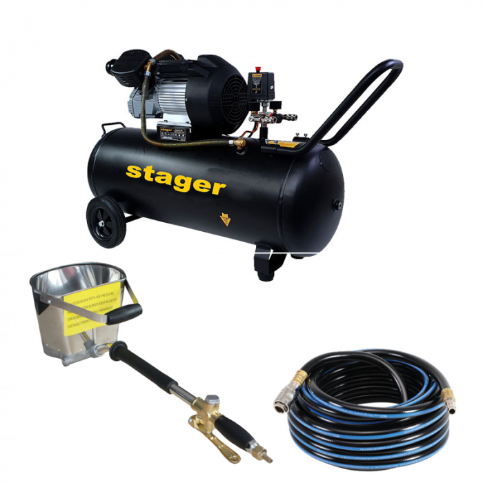 Stager HM3100V-10 compresor aer, 100L, 10bar, 356L/min, monofazat cu masina de tencuit pneumatica Detoolz si furtun 20 m [1]