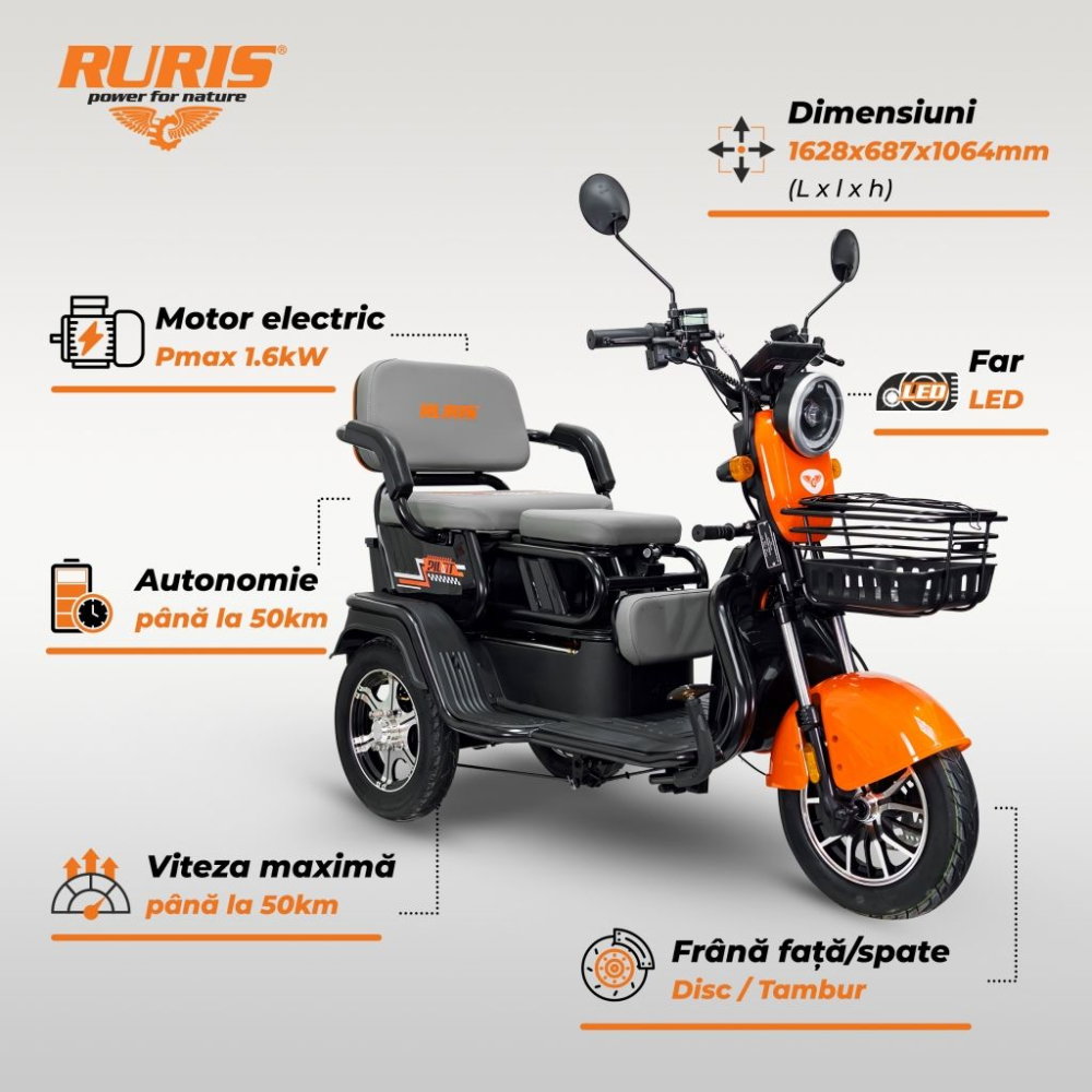 Triciclu electric RURIS Pilot 3010N Negru, 1600W, 2 locuri, autonomie pana la 50 km [2]