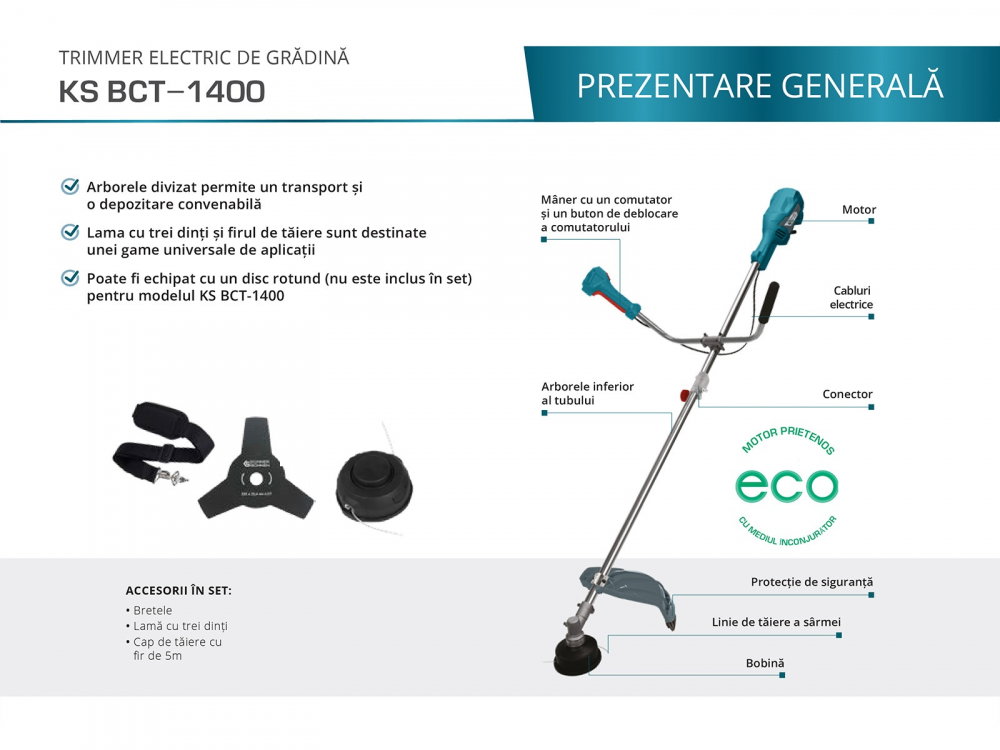 Trimmer electric de grădină  Konner & Sohnen KS BCT-1400, 14000W, 230V, 7500 RPM, diametru taiere 42 cm [2]