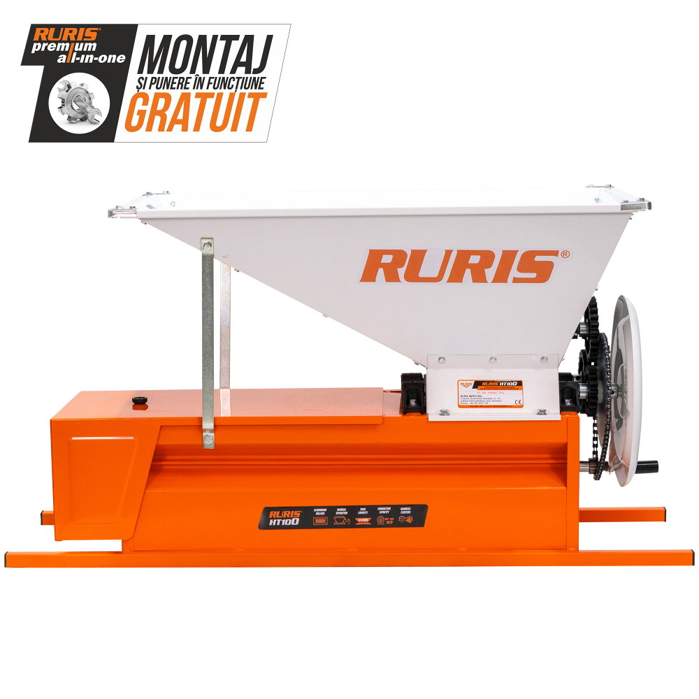 Zdrobitor manual cu desciorchinare RURIS HT100, cuvă 57 L, 800-1000 kg/h, role aluminiu [1]