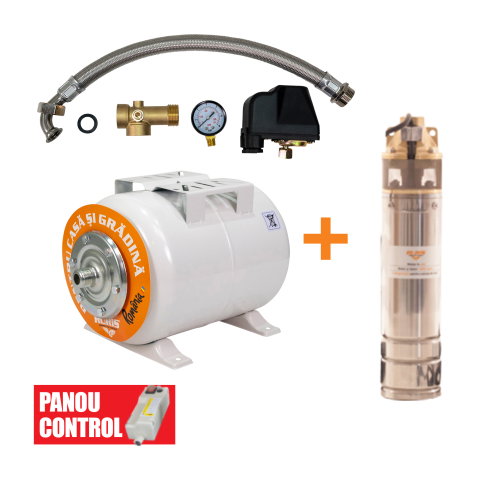 Hidrofoare - Kit pompa cu functie de hidrofor RURIS Dunarea 24, pompa submersibila Aqua 101, vas expansiune 24L, panou control inclus