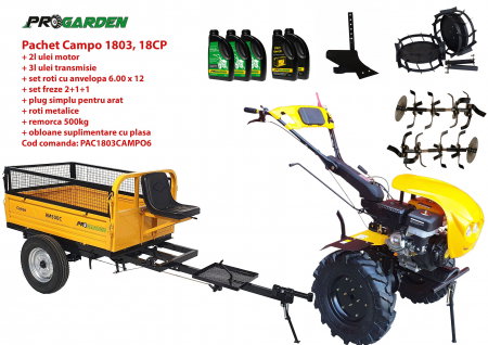 Motosape si motocultoare - Pachet motocultor Campo 1803, benzina, EURO5, 18CP, 2+1 trepte, remorca 500kg, accesorii, ulei motor si transmisie incluse