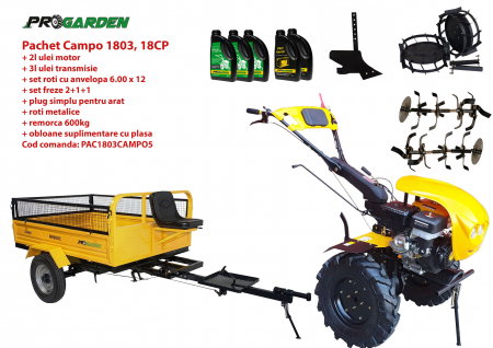 Motosape si motocultoare - Pachet motocultor Campo 1803, benzina, EURO5, 18CP, 2+1 trepte, remorca 600kg, accesorii, ulei motor si transmisie incluse