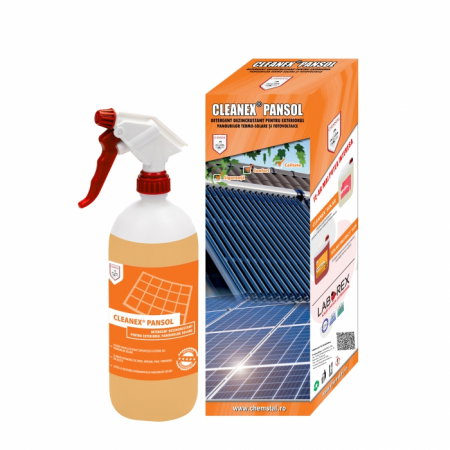 Accesorii panouri solare termice - Detergent dezincrustant CLEANEX PANSOL pentru exteriorul panourilor solare termo-solare plane, cu tuburi vidate si fotovoltaice,  flacon 1 litru