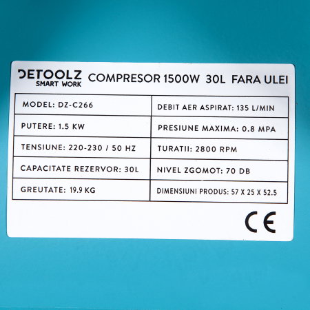 Compresor de aer silentios fara ulei Detoolz DZ-C266 1500W, 30L [3]
