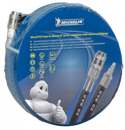 Accesorii compresoare - Furtun de aer din PVC cu insertie Michelin, 20 m lungime, cuple rapide, 20 bar presiune maxima, 8 mm diametru interior
