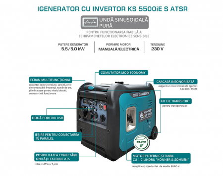 Generator invertor Könner & Söhnen KS 5500iES ATSR, 5.5 kW, benzina, 9.5 cp, 1х16А, 1х32А, motor KS 330i, consum redus, LED display [7]