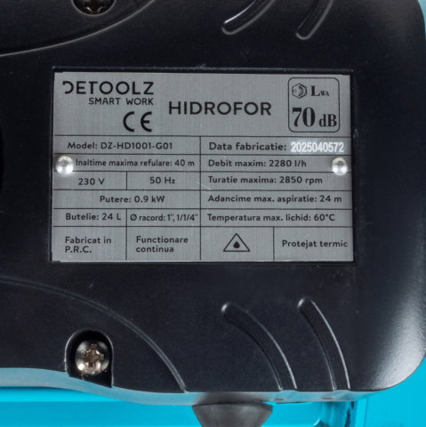 Hidrofor Detoolz 0.9 kW, debit maxim 2280l/h, inaltime maxima de pompare 40m, corp pompa fonta, butelie 24L, ejector [2]