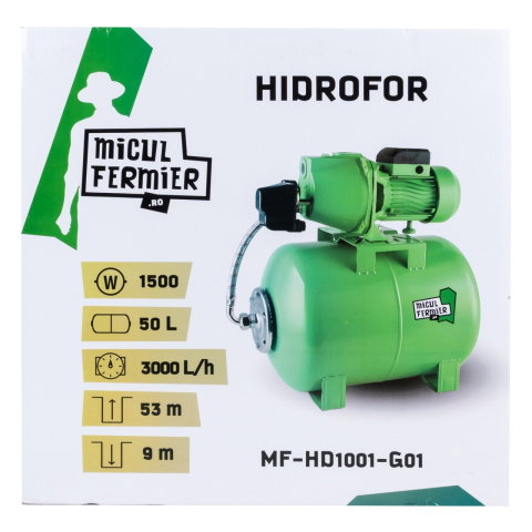 Hidrofor Micul Fermier 1.5 kW, debit maxim 3000l/h, inaltime maxima de pompare 53m, corp pompa fonta, butelie 50L [3]