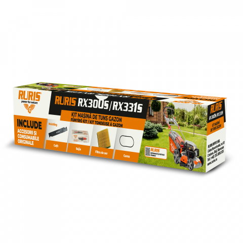 Kit mașină de tuns gazon RURIS RX300S / RX331S (cutit mulching, curea, filtru aer, bujie, kit surub)