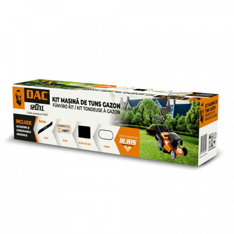 Accesorii utilaje agricole - Kit masina de tuns gazon RURIS DAC 120xl (cutit functie mulching, curea, filtru aer, bujie, kit surub)