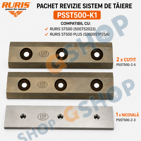Accesorii utilaje agricole - Kit revizie sistem de taiere PSST500-K1 pentru RURIS ST500 si ST500 PLUS - 2 cutite + 1 nicovala originale