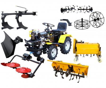 Motosape si motocultoare - Mini tractor ProGARDEN Campo T12, 12CP, diesel, ridicare hidraulica fata si spate, freza tractata, cositoare frontala, tocator vegetatie, lama zapada, plug dublu, roti metalice, ansamblu sapare