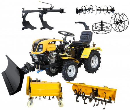Motosape si motocultoare - Mini tractor ProGARDEN Campo T18, 18CP, benzina, ridicare hidraulica, capota cu 4 faruri, freza tractata, tocator vegetatie, plug dublu, ansamblu sapare, roti metalice si lama zapada