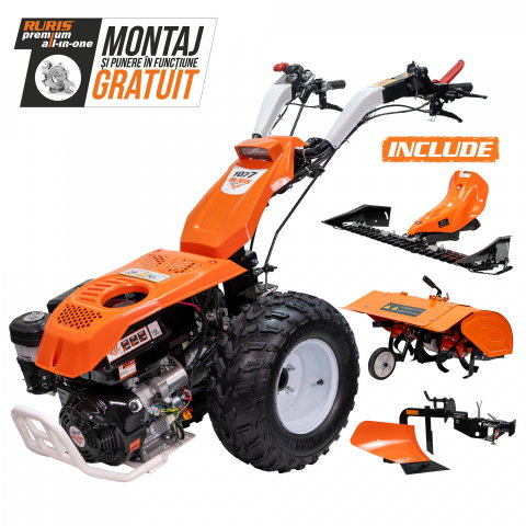 Motosape si motocultoare - Motocultivator RURIS 1077CSP 16CP, benzina, pornire electrica, 3+2 viteze, diferential + lama de cosit CX77 + freza de sapat SX77 + plug PX77