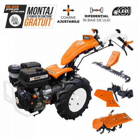 Motosape si motocultoare - Motocultivator RURIS 977CSP 16CP, benzina, pornire electrica, 3+2 viteze, diferential + lama de cosit 977S + freza de sapat S977 + plug P977