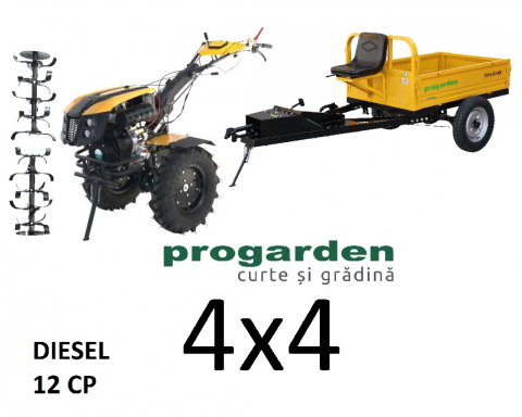 Motosape si motocultoare - Motocultor cu tractiune 4x4 Progarden Campo 1273 Alpine, 12CP, diesel, euro5, pornire electrica, remorca ProGARDEN Campo RMT500T cu tractiune