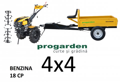 Motosape si motocultoare - Motocultor cu tractiune 4x4 Progarden Campo 1873 Alpine, 18CP, benzina, euro5, pornire electrica, remorca ProGARDEN Campo RMT500T, cu tractiune