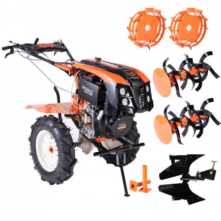 Motosape si motocultoare - Motocultor Detoolz DZ-M127 Diesel 10CP, 418CC, pornire electrica + plug reversibil mare + roti metal