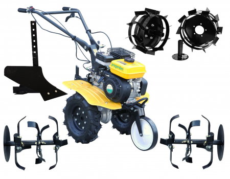 Motosape si motocultoare - Motocultor ProGARDEN Campo 703 4563000002  7CP, 2+1 trepte, roti 4.00-8, 2+1 freze, benzina, curele, transmisie aluminiu + plug simplu pentru arat + roti metalice cu manicoti