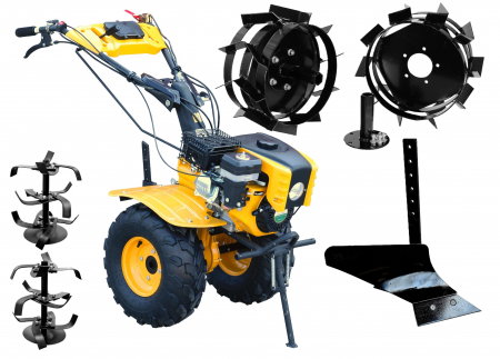 Motosape si motocultoare - Motocultor ProGARDEN Campo 853 4563000001  7CP, 2+1 trepte, 2+1 freze, benzina, roti ATV, freze pentru sapat + plug simplu pentru arat + roti metalice cu manicoti