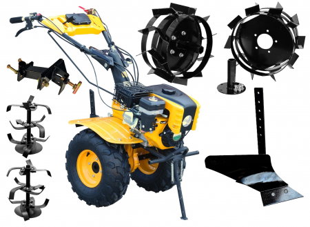 Motosape si motocultoare - Motocultor ProGARDEN Campo 853 4563000001  7CP, 2+1 trepte, 2+1 freze, benzina, roti ATV, freze pentru sapat + plug simplu pentru arat + roti metalice cu manicoti + adaptor reglabil