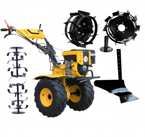Motosape si motocultoare - Motocultor ProGARDEN Campo 873 Alpine 7CP, 2+1 trepte, 2+1+1 freze, benzina, roti ATV, 2 prize putere cu freze pentru sapat+ plug simplu pentru arat + roti metalice cu manicoti